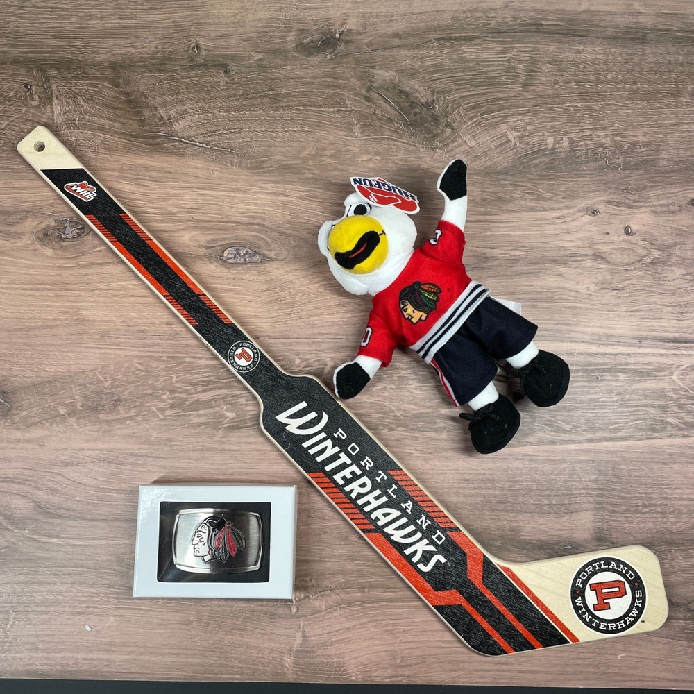 Portland Winterhawks Hockey Memorabilia Lot‎ Stick Mascot Plush & Belt Buckle